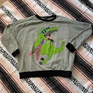 Wacky funny 80s 90s dinosaur rock star sweatshirt